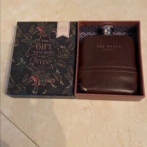 New in Box Ted Baker Brogue Hip Flask Brown Leather Cover